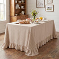 Taupe Gingham Ruffled Tablecloth 60 x 120 Inch - Rectangular Vintage Farmhouse