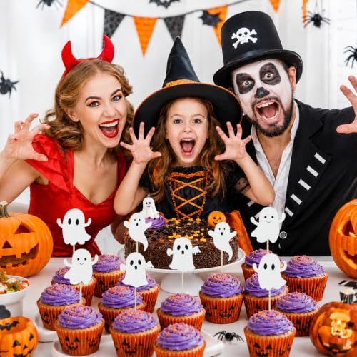 White Ghost Halloween Cupcake Toppers - 24 Pcs Glitter Cake Picks for Party