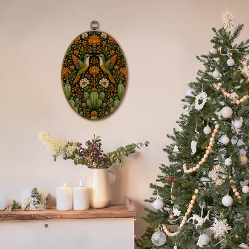 Mexican Hummingbird Flowers Oval Wall Art Decor - Cactus Variation