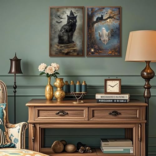 Halloween Wall Art Black Cat Ghost Poster 16x24in Unframed - Dark Academia Decor (Variation of Poster / 24L"x16W")