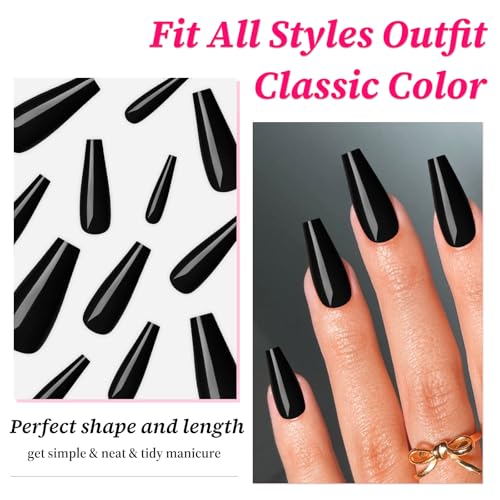 Long Black Coffin Press On Nails Set - 120 Pcs Fake Nails with Sizes & Tips