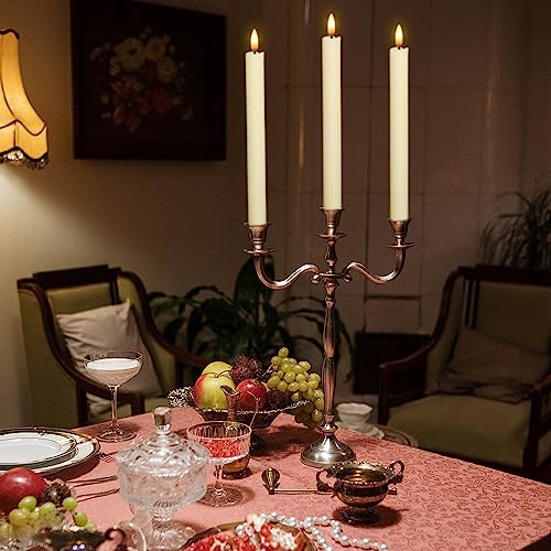 3 Pack Ivory Flameless Wax Taper Candles with Timer - Realistic Flicker, Safe for Holidays