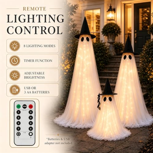 Light Up Ghost Halloween Decorations Outdoor - 3 Pack Adjustable Tall & Small Ghosts with Remote