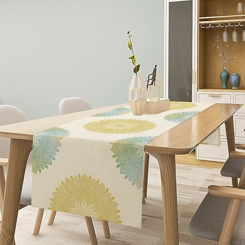 Mandala Flower Table Runner - Rustic Faux Linen Cotton Decor, 13x36in - Variation W13"x L36" Mandalateal-12