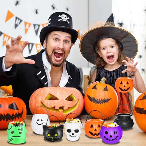 Halloween Candy Buckets Set - 28 Mini Plastic Holders with 7 Styles for Trick-or-Treating - Orange Pumpkin, Ghost & More
