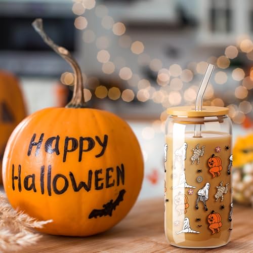 Funny Halloween Ghost Glass Cups with Lid & Straw - 16 oz Boo Basket Stuffer