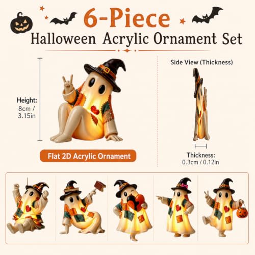 Halloween Ghost Hanging Ornaments Set - 6 Acrylic Patchwork Tree Decorations - Ghost-a-1233