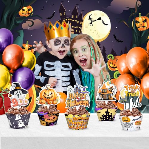 Halloween Cupcake Toppers and Wrappers Set - 48 Pcs Spooky Party Decorations