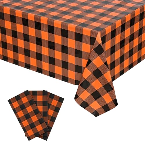 Halloween Plastic Tablecloth 54x108 Inch Rectangular Disposable Checkered Orange Black - Vedran 3 Pack
