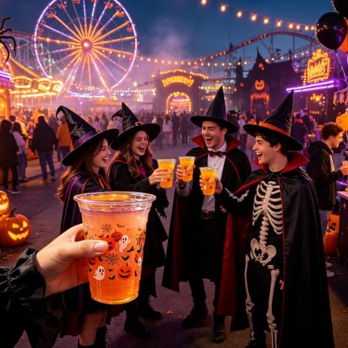 16 oz Halloween Plastic Cups with Pumpkin Ghost Bat Spider Web Design - Disposable Party Drinkware
