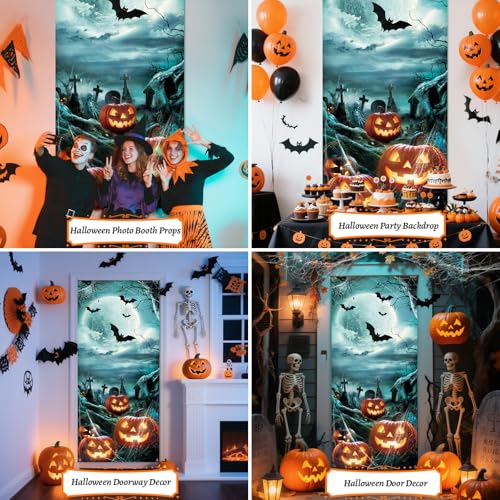 Halloween Door Cover 79x35 Inch Pumpkin Haunted House Decor Reusable Fabric Banner