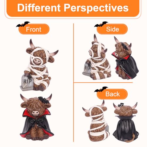 Halloween Highland Cow Decor Set - Resin Vampire & Mummy Figurines - Multicolor 10