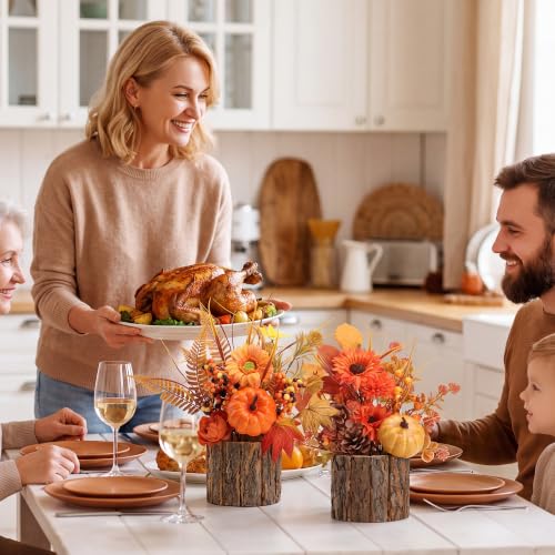 Artificial Fall Table Centerpieces with Rustic Wood Vases - 2 Pack for Thanksgiving & Autumn Decor