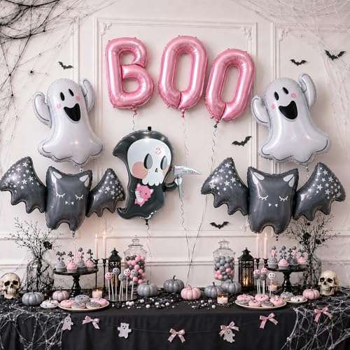 Pink Boo Halloween Balloons Set - Foil Ghost Bat Decor for Party & Yard