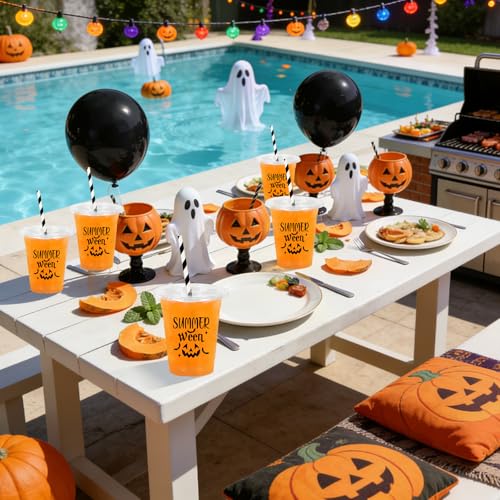 Summerween Disposable Plastic Cups Set with Lids & Straws - Black Pumpkin 12oz, 50 Pack