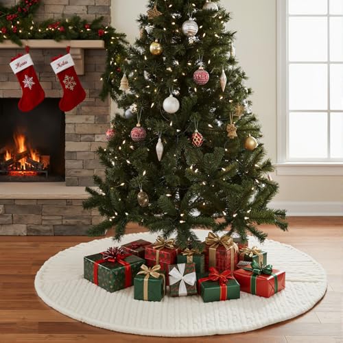 White Christmas Tree Skirt - 60 Inch Faux Fur Holiday Decor - Large Plush