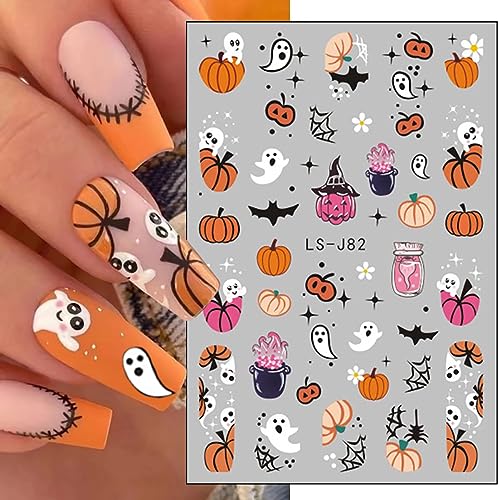 Halloween Nail Stickers Decals - 8 Sheets Ghost Pumpkin Spider Web Bats Glitter - Halloween 03