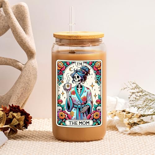 16oz Halloween Skull Aesthetic Glass Coffee Cup with Lid & Straw - The Mom Variation