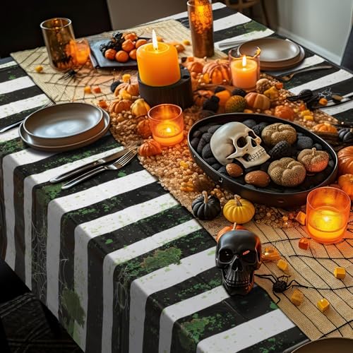 Halloween Worm Theme Black and White Striped Tablecloth Set - 6 Disposable Plastic Covers for Spooky Party Decor