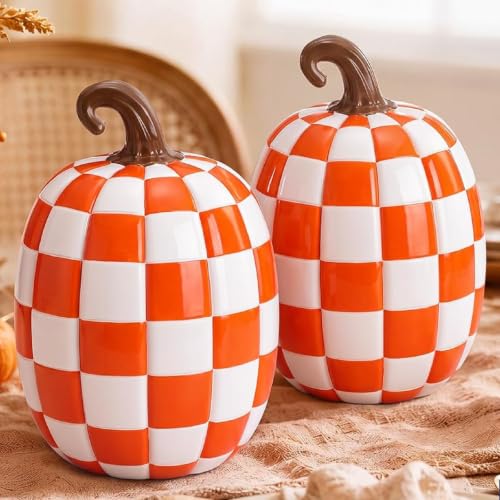 Large Orange and White Resin Pumpkin Halloween Decor - 8.6 Inch Set - Fall Harvest Decorations