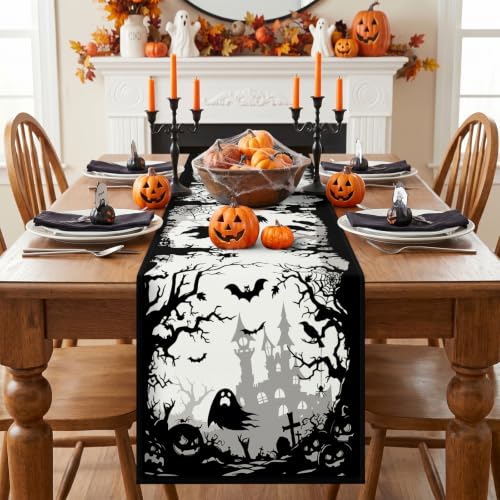 Artscope Halloween Haunted House & Ghost Table Runner 13x48 Inch - Spooky Fall Kitchen Decor