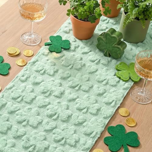 Sage Green Faux Fur Heart & Clover Table Runner 13x60 Inch Seasonal Kitchen Decor