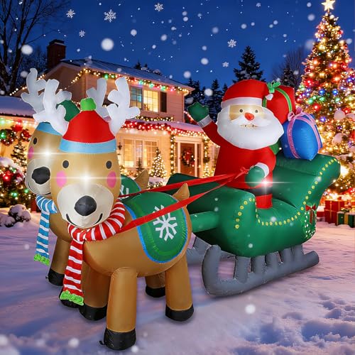 Inflatable Santa Sleigh with Reindeer - 6.7FT Christmas Yard Decor with LED Lights