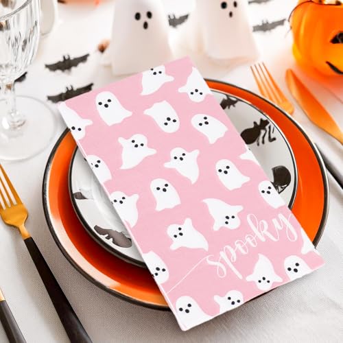 Pink Halloween Ghost Guest Napkins - 100 Pack Disposable Party Table Supplies