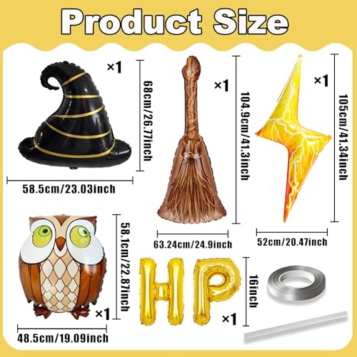 Magical Wizard Balloons Set for Birthday & Party Decorations - Wizard, Owl, Lightning & Broom Foil Balloons