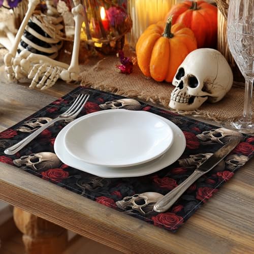 Halloween Skull Rose Placemats - Washable Heat-Resistant Table Mats for Parties & Decor - Style1