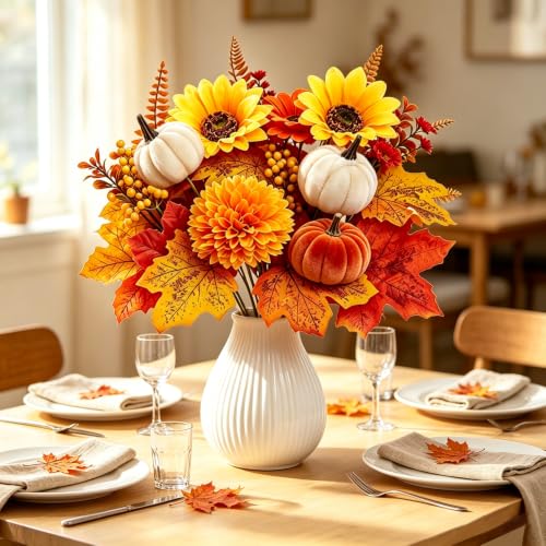 Autumn Artificial Floral Picks Set - 6 Pack Fall Silk Flowers with Pumpkins Sunflowers & Maple Leaves for Decor