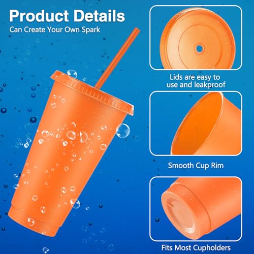 Reusable Glitter Cup with Lid and Straw - Fluorescent Orange, 24 oz, Set of 12