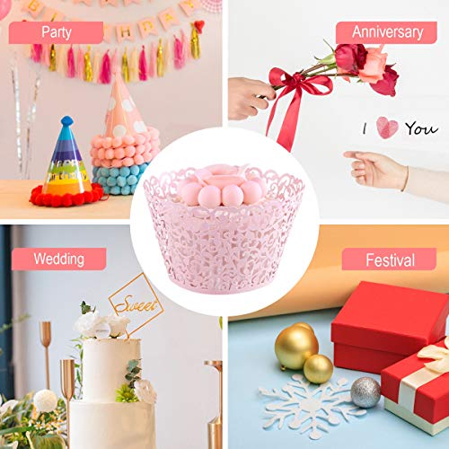 Pearl Lace Filigree Wedding Cupcake Toppers - Pink, 50 pcs