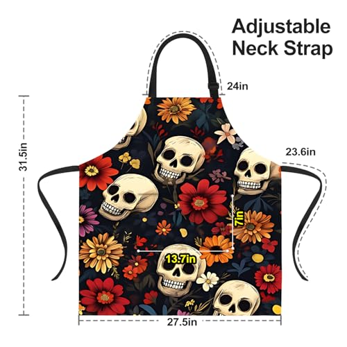 Funny Cat Apron for Women & Men with Pockets - Sunflower & Skull Variation