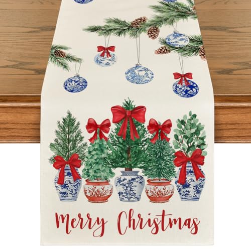 13x60 Inch Xmas Tree Balls Table Runner Home Holiday Decor Beige