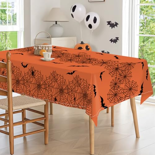 Halloween Spider Web Bat Tablecloth 60x104 Inch Rectangular Orange Washable Decor