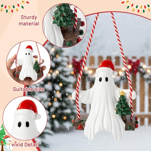 Halloween Ghost Swing Ornament with Santa Hat - Holiday Decor Figurine