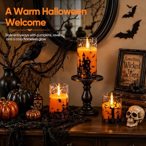 Homemory Halloween Flameless Candles Set of 3 - Orange Glass Shell Halloween Decor with Remote & Timer