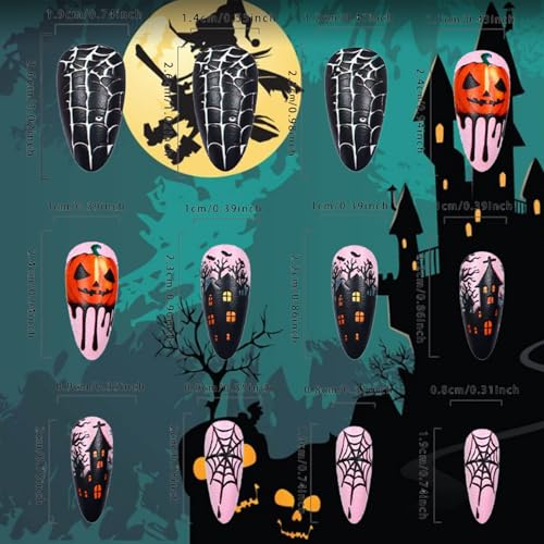 Halloween 36 Press-On Nails Spider Web Skeleton Skull Medium Almond Fake Nails Set - Pink