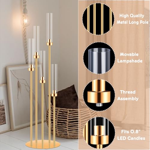 Gold Candelabra Centerpiece with 5 Arms & Lampshades - 42" Tall, Holder Only - Wedding & Home Decor