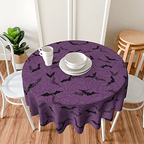 Halloween Round Tablecloth 60 Inch - Fall Purple & Black Bats Wipeable Polyester