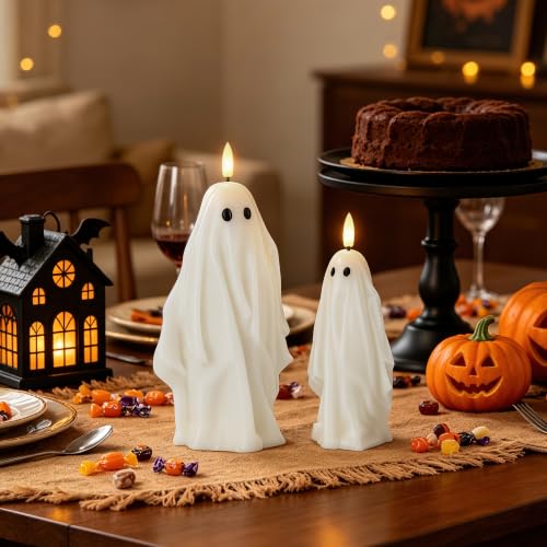 Ghost Flameless Pillar Candles with Remote Set of 2 for Halloween Decor