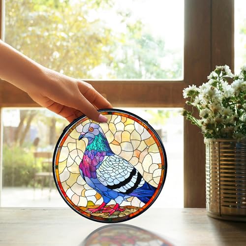 Stained Glass Bird Sun Catcher - Pigeon Window Decor with Metal Frame, 7.9 Inches
