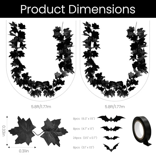 Halloween Black Maple Leaf Garland 12FT - Fall Wreath & Haunted Mansion Decor