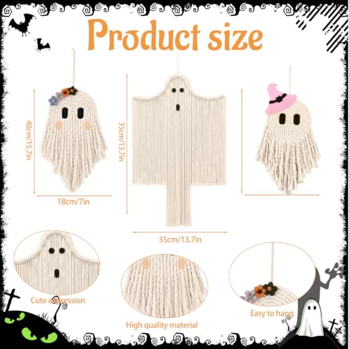 3 Pcs Halloween Ghost and Bat Wall Decor Set - Boho Spooky Indoor Outdoor