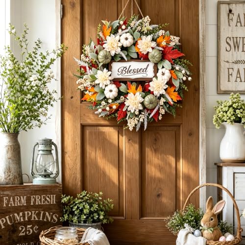 Idyllic 24-Inch Fall Wreath with Pumpkins Dahlias and Decorative Sign for Front Door