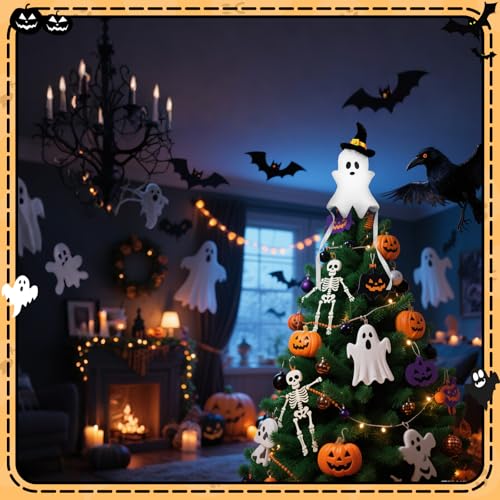 Halloween Ghost Tree Topper with Witch Hat – Spooky Indoor Decor, 11.8-Inch