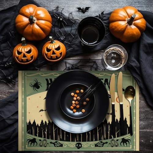 Halloween Placemats with Runner Set - Scary Forest Gothic Bat Skull Design, Washable 12x18 Inches
