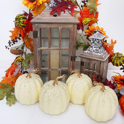 Artificial Cream Fall Pumpkin Set of 4 - Rustic Harvest Decor for Autumn Halloween Thanksgiving