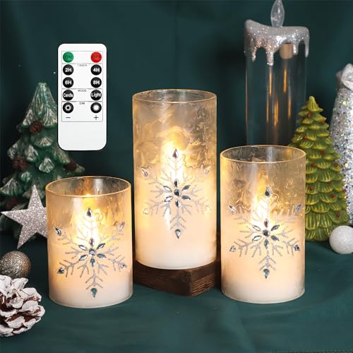 MELTONE Christmas Snowflake LED Flameless Candles Set - Warm White Flickering Wax Candles with Remote